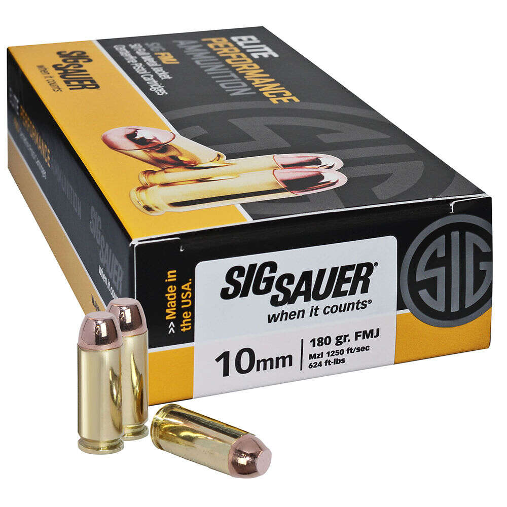 Ammunition Sig Sauer 624 ft lbs 10mm SIG E10MB1-50      ELITE BALL 10MM  180 FMJ  50/20 • Model: 624 ft lbs